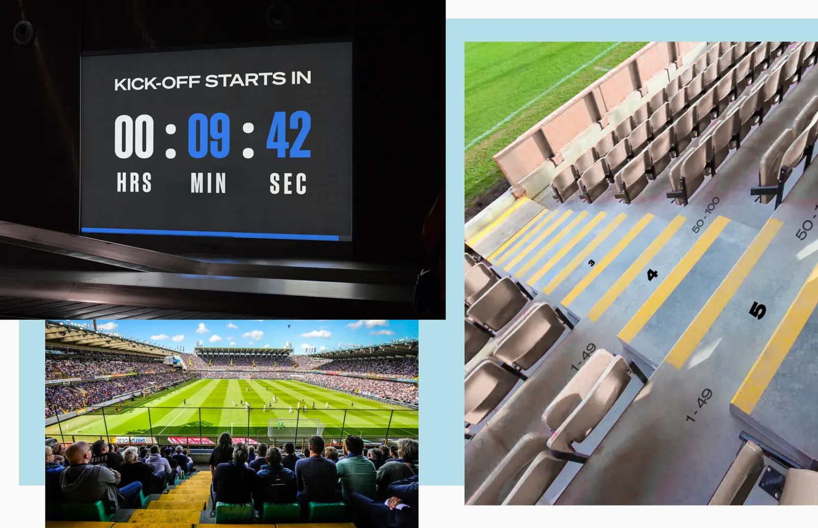 Concept voor de stadionervaring: aftelklok tot de aftrap en zicht op de tribunes